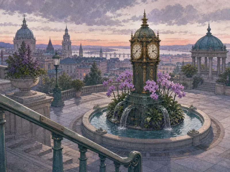 An ornate clock tower fountain surrounded by purple orchids stands on an elevated stone terrace overlooking a city.