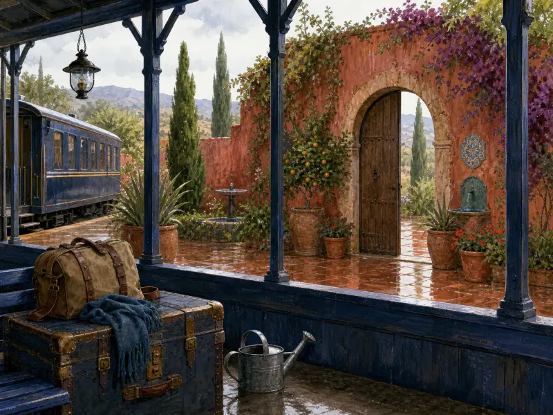 Luggage sits on a blue wooden railway porch overlooking a wet Mediterranean courtyard with an arched doorway.