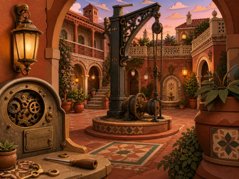An ornate mechanical crane and gear mechanism stand in a Mediterranean courtyard with terracotta tiles and lanterns.
