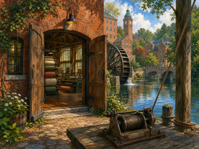 Open doors of a brick textile mill showing fabric rolls and machinery next to a river with a water wheel.