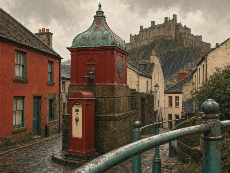 A vintage red street fountain with a copper dome on a cobblestone street, with a hilltop castle in the background.