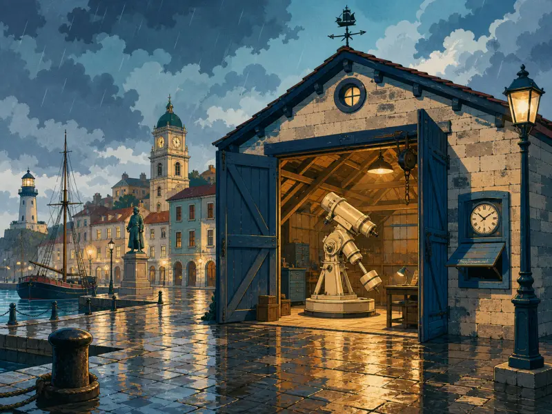 Stone workshop on a rainy harbor pier with open doors revealing a large telescope next to a coastal town.