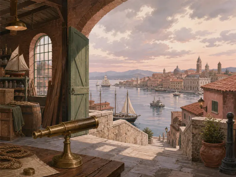 A view through an open brick workshop terrace looking out over stone steps to a sunny coastal harbor with sailing ships.
