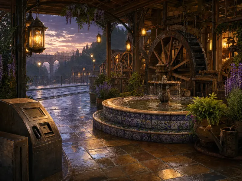 A tiled fountain and large wooden water wheel on a wet terrace overlooking an arched stone bridge at sunset.