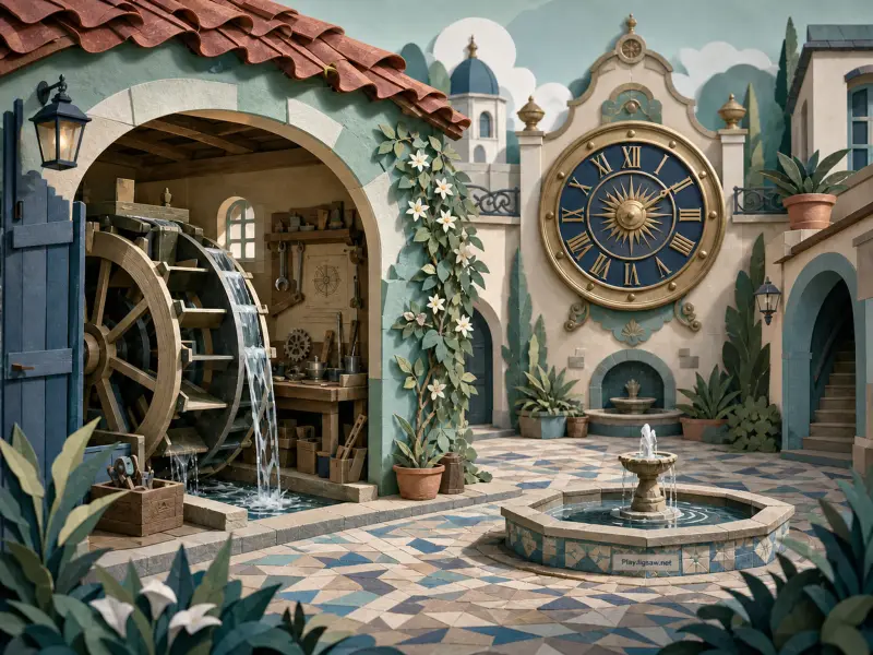 Courtyard with a water wheel workshop, an ornate wall clock, a bubbling fountain, and geometric tile paving.