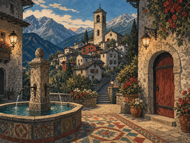 Stone fountain in a paved Mediterranean mountain village courtyard with rustic cottages, flowers, and distant snowy peaks.