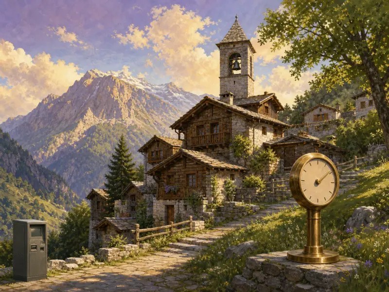 Alpine stone village with a bell tower, cobblestone path, brass clock post, and rugged mountains in the background.