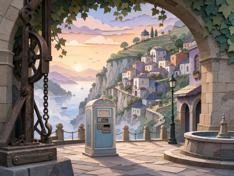 Papercraft-style coastal village on steep cliffs viewed through a stone archway with a terrace and fountain.
