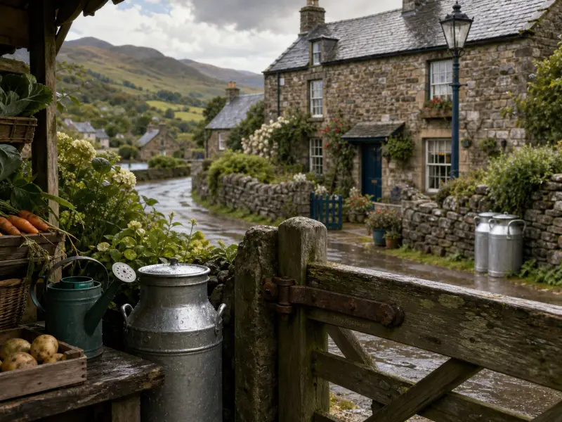 A rainy countryside street bordered by stone cottages, blooming gardens, and a wooden gate with fresh produce.
