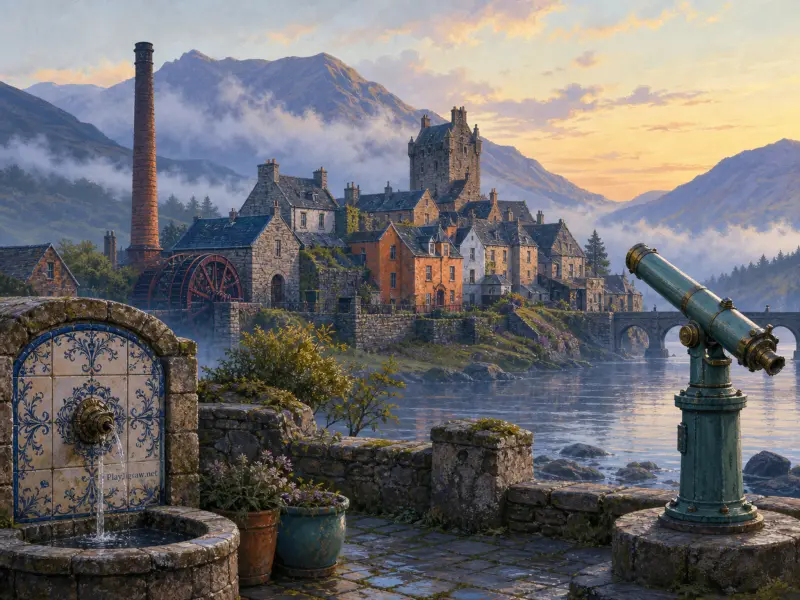 A stone mountain village with a castle and water wheel across a lake, seen from a terrace with a fountain and telescope.