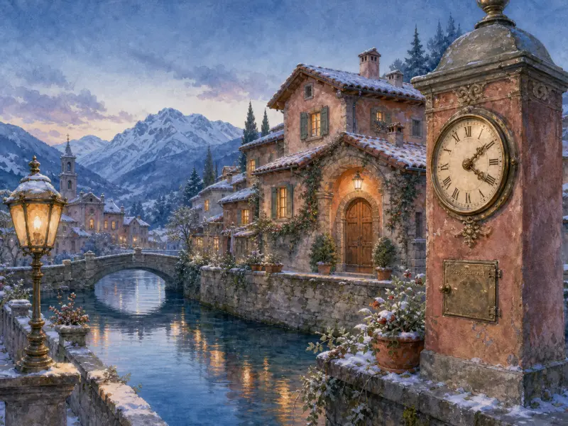 Snowy mountain village with a canal, stone bridge, glowing cottage windows, and a vintage clock tower in foreground.