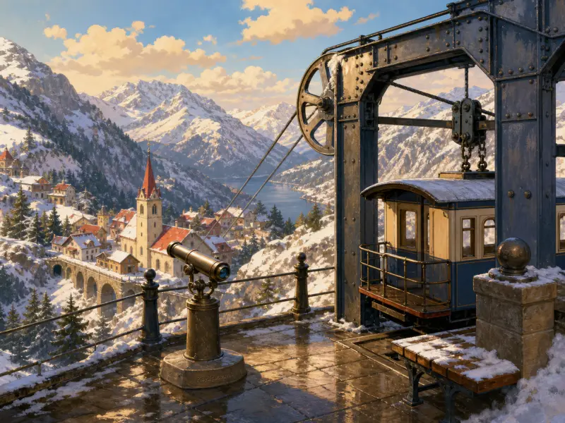 A vintage cable car and observation deck looking out over a snow-covered alpine village and mountain lake.