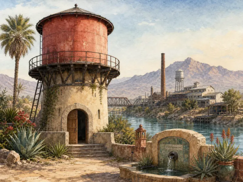 A round stone water tower with a red tank stands near a fountain and river facing distant mountains.