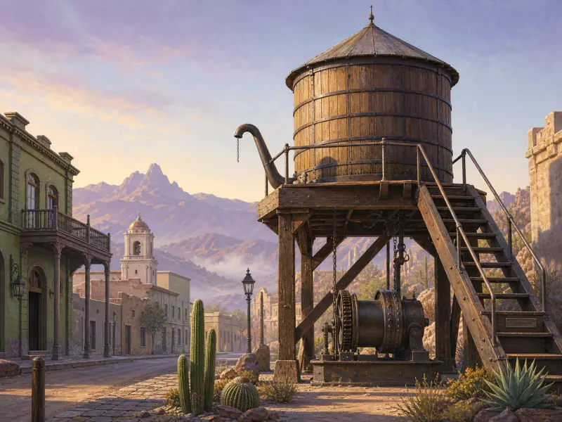 A large wooden water tower on timber stilts stands beside a dusty frontier town street with distant mountains.