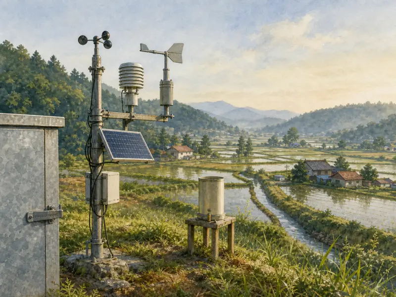 A rural weather station overlooking reflective rice paddies, village houses, and rolling green hills.