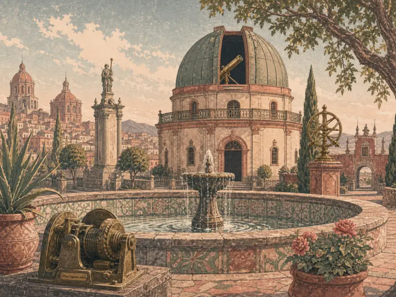 A classical domed astronomical observatory with an open slit and telescope overlooks a courtyard with a water fountain.