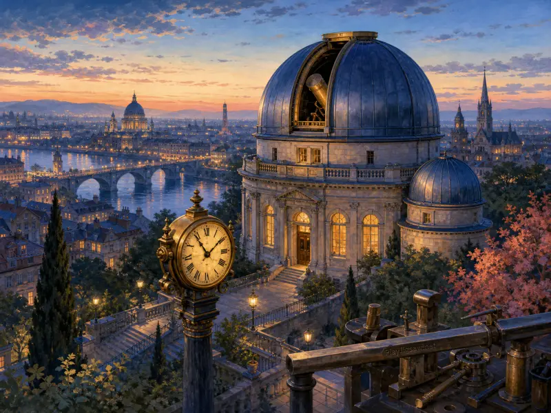 An astronomical observatory with an open dome overlooks an illuminated river city at sunset.