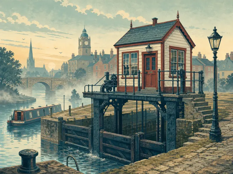 Wooden lock keeper cabin perched on iron pillars above canal sluice gates, with a narrowboat and historic town behind.