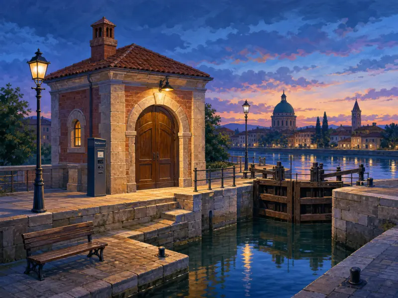 A stone canal lock house and wooden gates beside a calm river with a glowing city skyline at sunset.