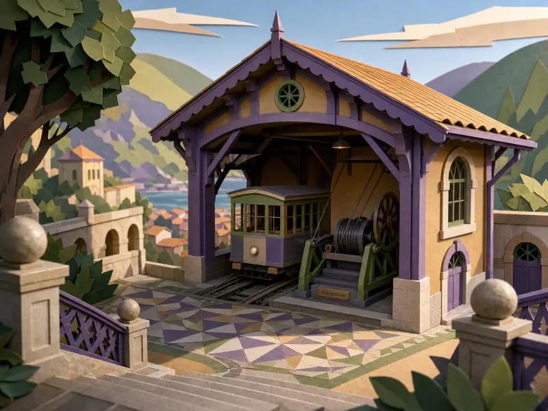 Papercraft miniature funicular depot with a purple-trimmed roof and small tram car overlooking a coastal hillside.