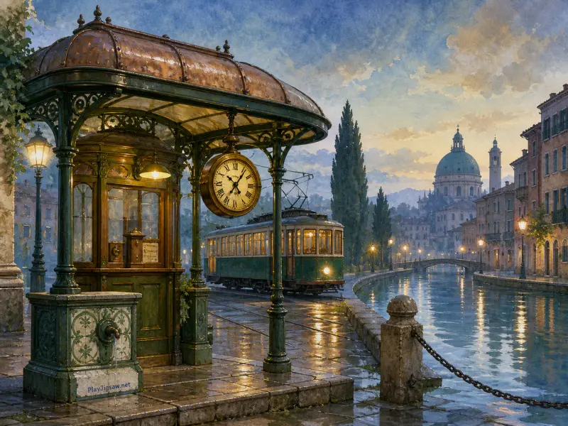 An ornate tram kiosk with a hanging clock beside a canal where a green vintage tram travels at dusk.