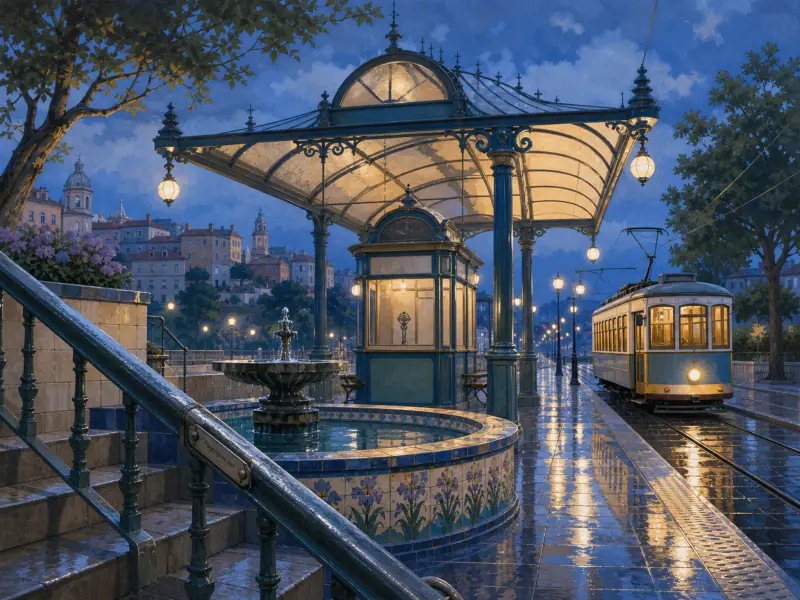 A vintage streetcar waits beside an ornate glowing station shelter and a decorative tiled fountain at twilight.
