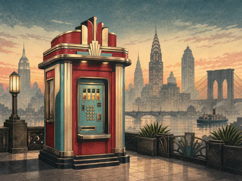 An Art Deco vending kiosk on a stone terrace overlooking a river with skyscrapers and a suspension bridge at dusk.