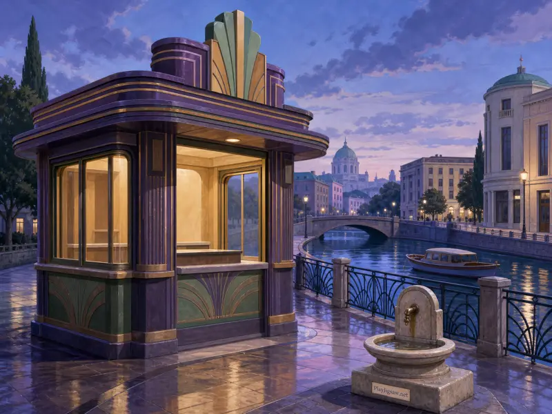 An Art Deco kiosk and small stone fountain stand along a canal promenade beside a city waterway at dusk.