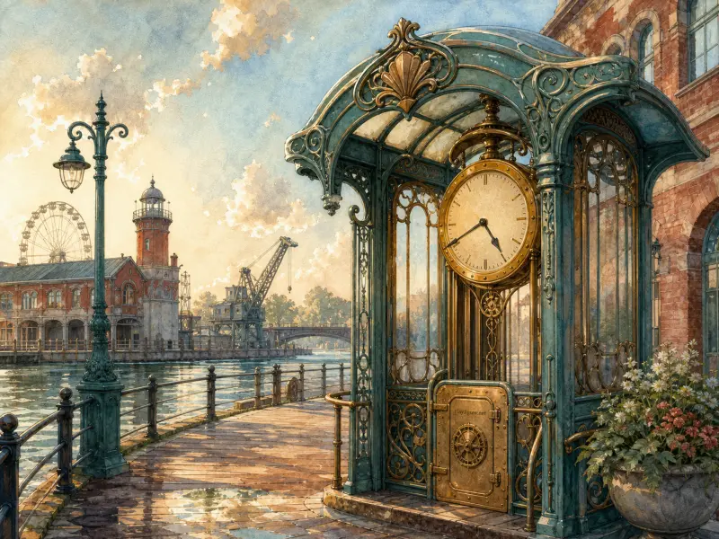 Ornate teal and brass clock pavilion on a wooden promenade overlooking a harbor with a lighthouse and Ferris wheel.