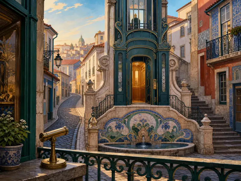 An ornate green street elevator and decorative tiled fountain in a hillside Mediterranean town square.