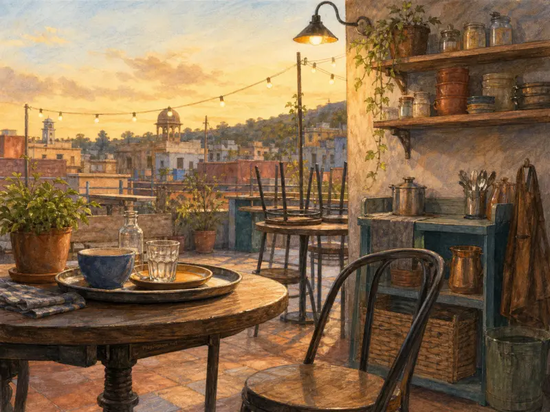 A rooftop terrace cafe with wooden tables, cookware on open shelves, and string lights overlooking an old city at sunset.