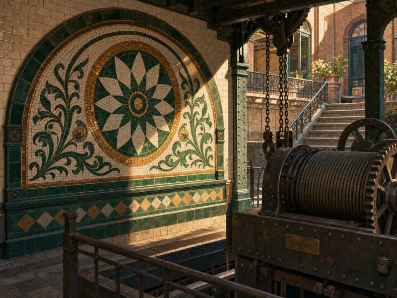 An intricate floral tile mosaic arch set beside a heavy industrial hoist mechanism and stone courtyard steps.