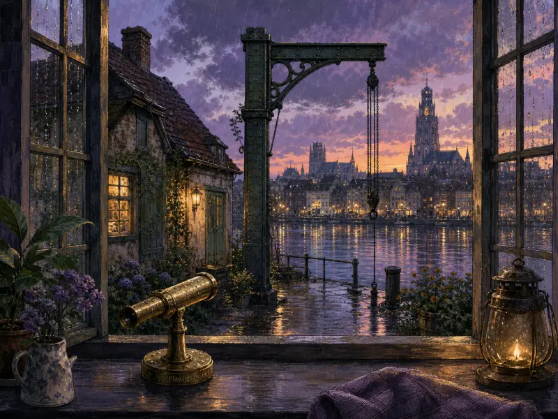 A rainy harbor and illuminated historic skyline viewed through an open window with a brass telescope and lantern.