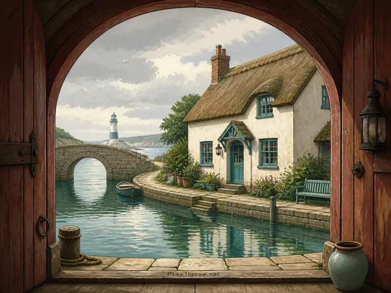 A thatched cottage and calm canal viewed through an open wooden archway, with a stone bridge and lighthouse beyond.