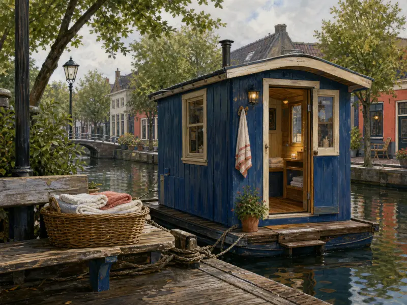 A blue floating sauna hut moored along a canal beside a dock holding a woven towel basket.