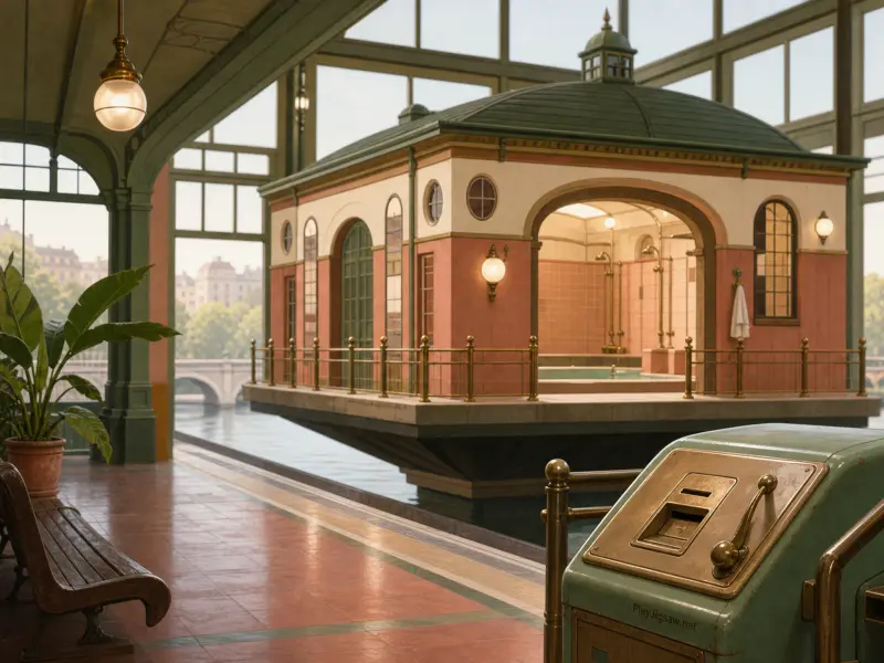 A vintage floating bathhouse with pink walls and a tiled interior rests on water inside a grand glass conservatory.