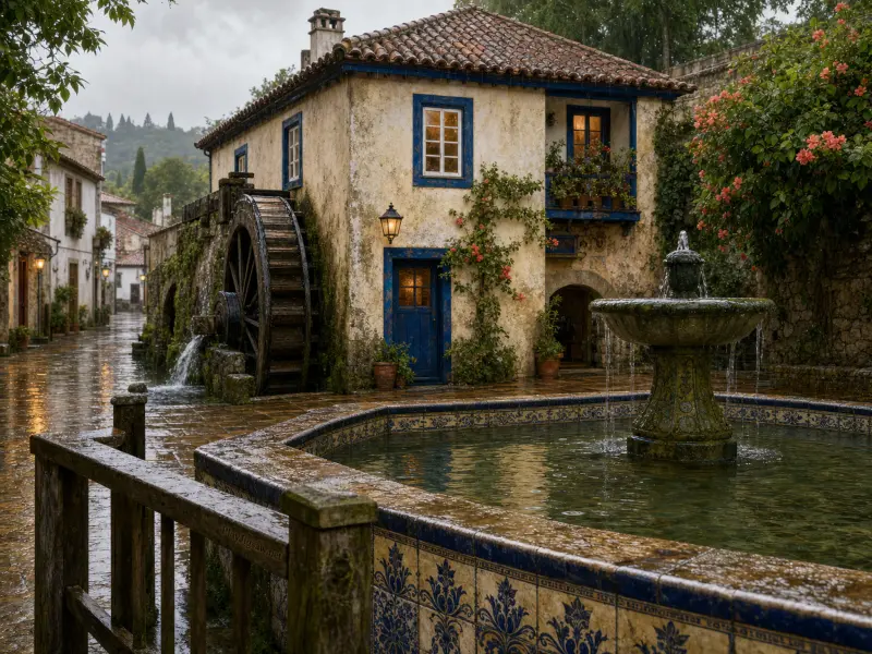 A rainy village courtyard with a rustic stone watermill house and a decorative fountain pool lined with blue tiles.