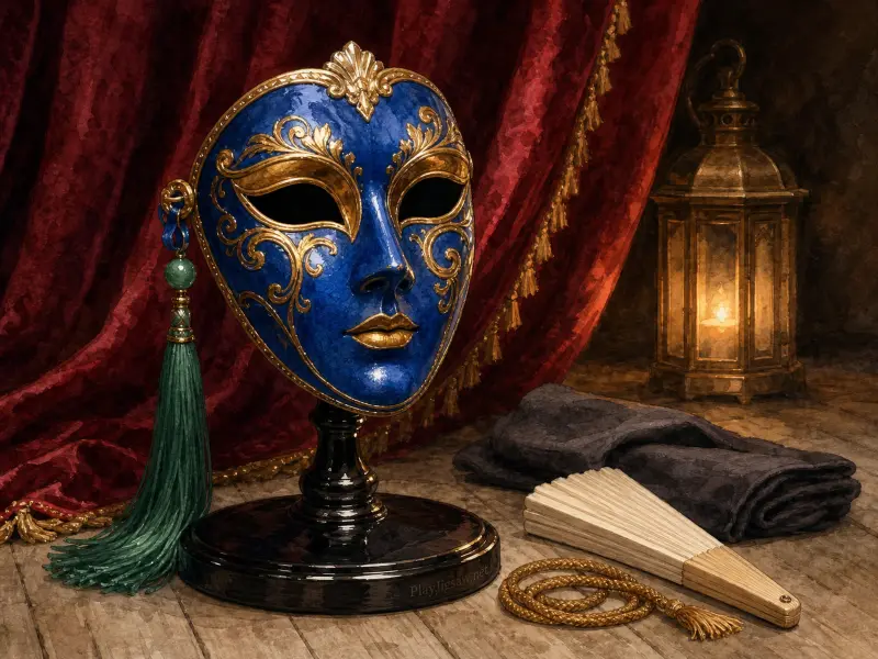 An ornate blue and gold Venetian mask on a stand beside a folded fan, green tassel, and glowing candle lantern.