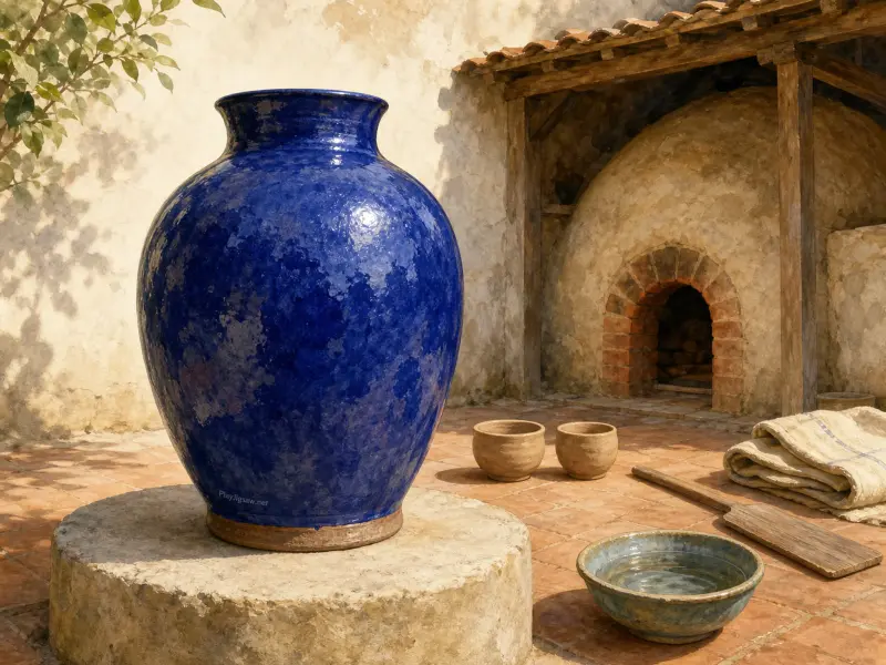 A large glossy blue ceramic urn sits on a stone base outside a domed brick kiln in a sunny courtyard.