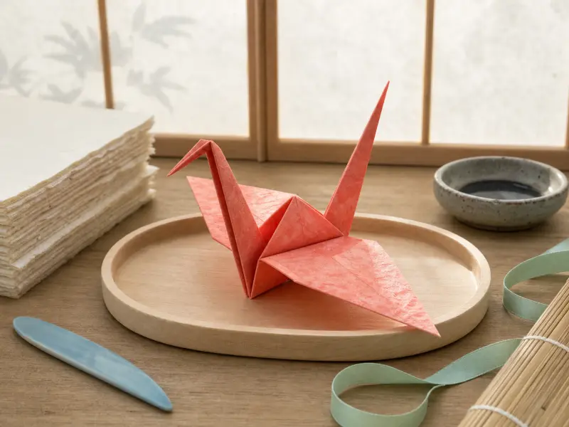 A coral paper origami crane resting on a wooden tray beside a stack of textured paper sheets and crafting tools.