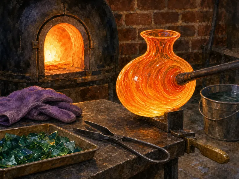 Glowing orange molten glass vessel on a blowpipe beside an open fiery furnace, tools, and a metal workbench.