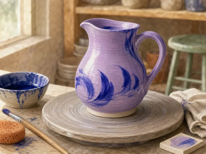 A glossy lavender ceramic pitcher painted with blue patterns sits on a pottery wheel beside brushes and sponges.