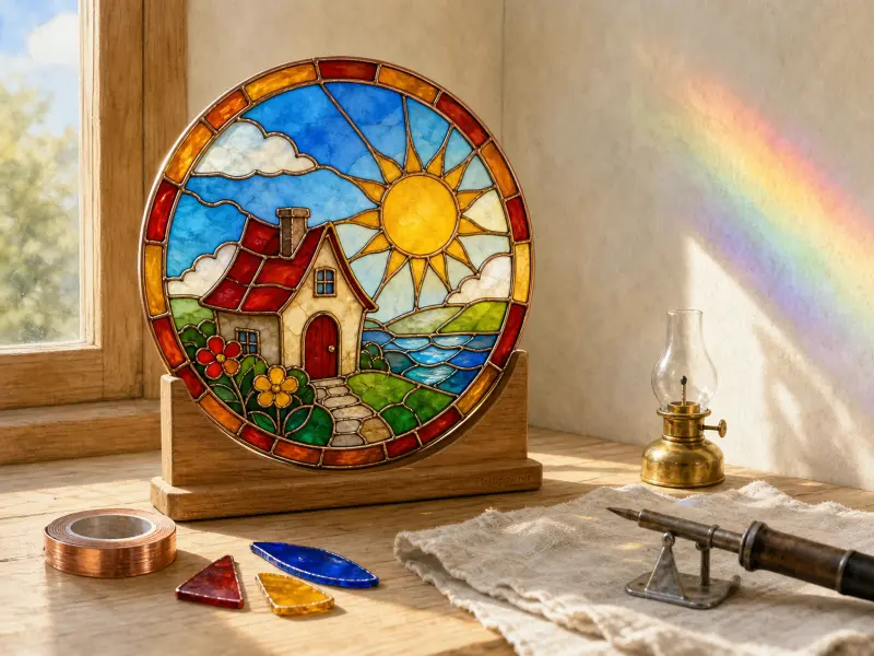 Circular stained-glass panel of a cottage and sun on a wooden stand surrounded by crafting tools on a sunny workbench.