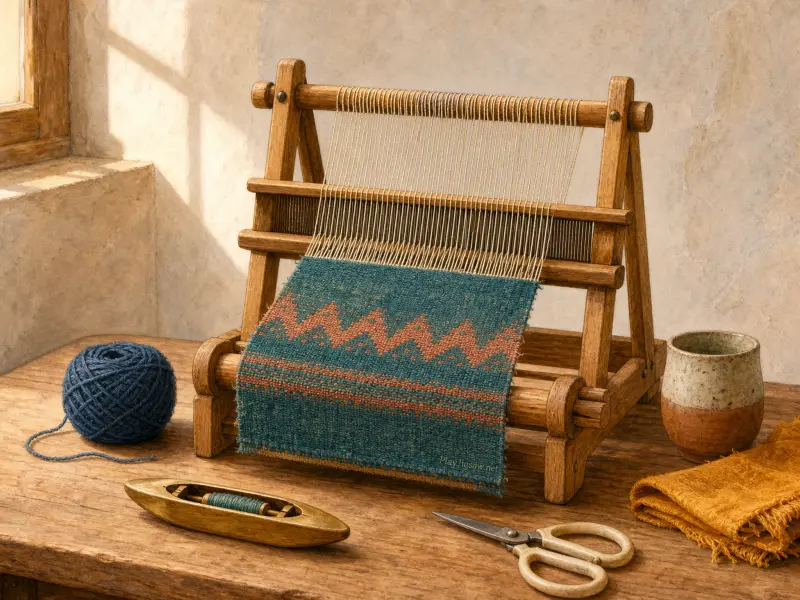 Wooden tabletop loom with patterned teal and rust weaving, surrounded by yarn, a shuttle, and scissors on a wooden desk.