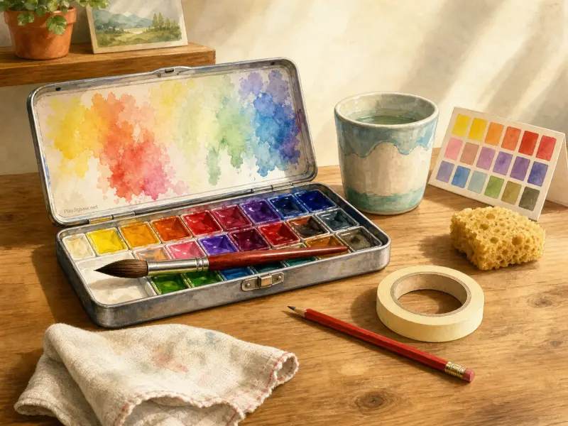 An open watercolor paint tin with colorful pans, brush, water mug, and swatch card on a sunlit wooden desk.