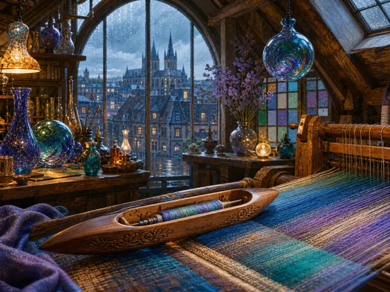 A wooden weaving loom with colorful blue and purple yarn stands before an arched window overlooking a rainy town.
