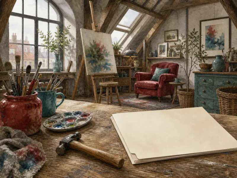 An attic artist studio with painting supplies on a wooden table, an easel, and a red armchair under sloped beams.