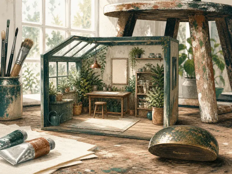 A miniature greenhouse art studio diorama placed on a wooden floor alongside large paintbrushes and paint tubes.
