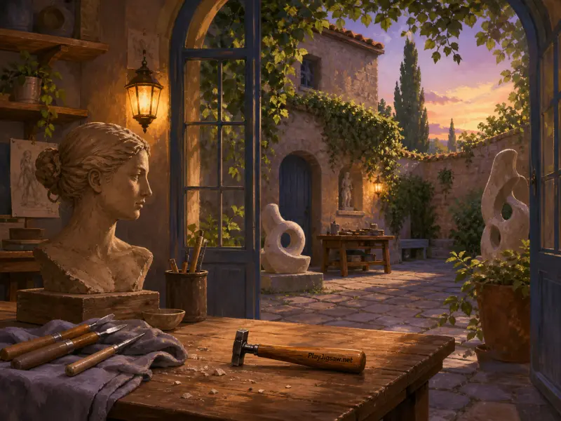 Sculptor workshop with chisels and a clay bust on a workbench opening onto a vine-covered stone courtyard.
