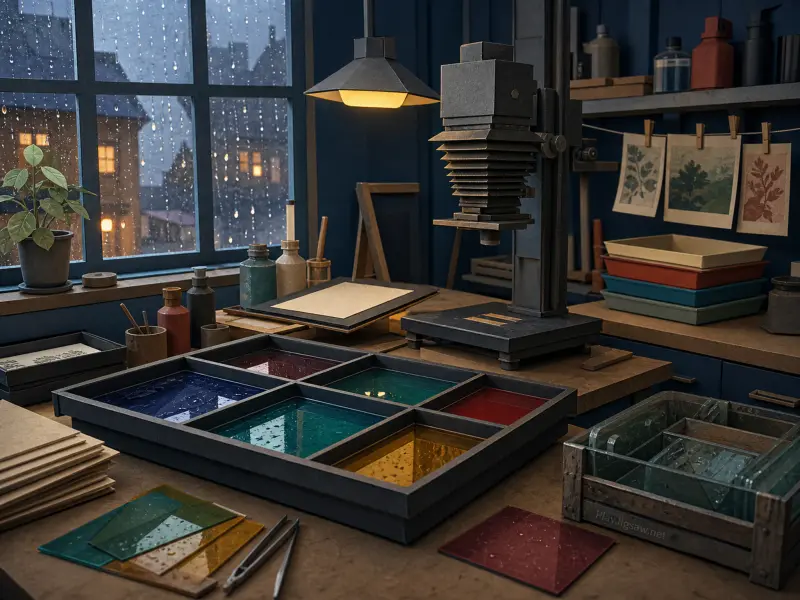 A cozy darkroom with a vintage photo enlarger, colorful developing trays, and a rainy window overlooking city lights.